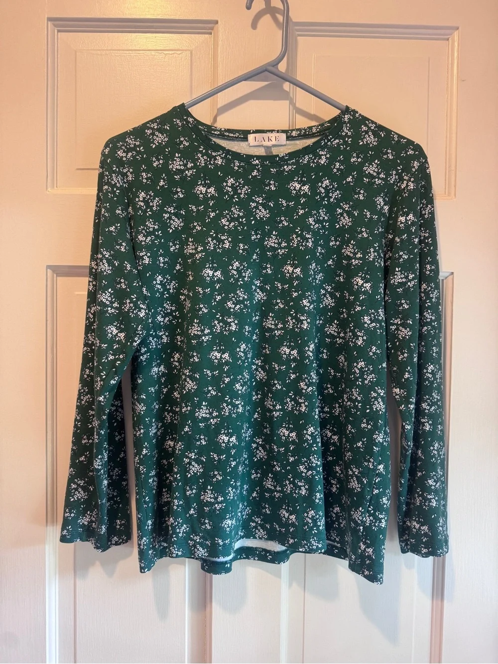 LAKE Green Floral Pima Cotton Long Sleeve Pajama Top Medium